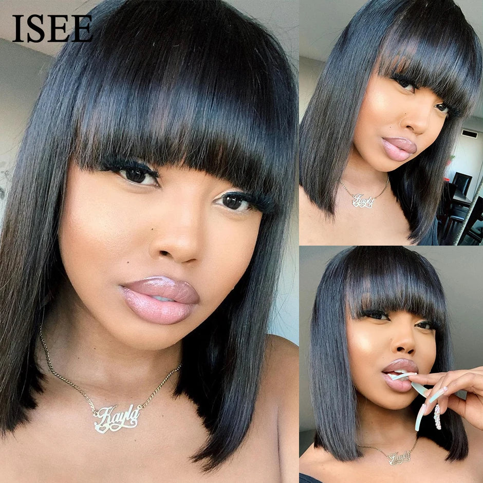 ISEE HAIR Machine Made Sew In Short Bob Wig With Bangs Human Hair Wigs Brazilian Straight Wig with Bang For Women Glueless Wigs