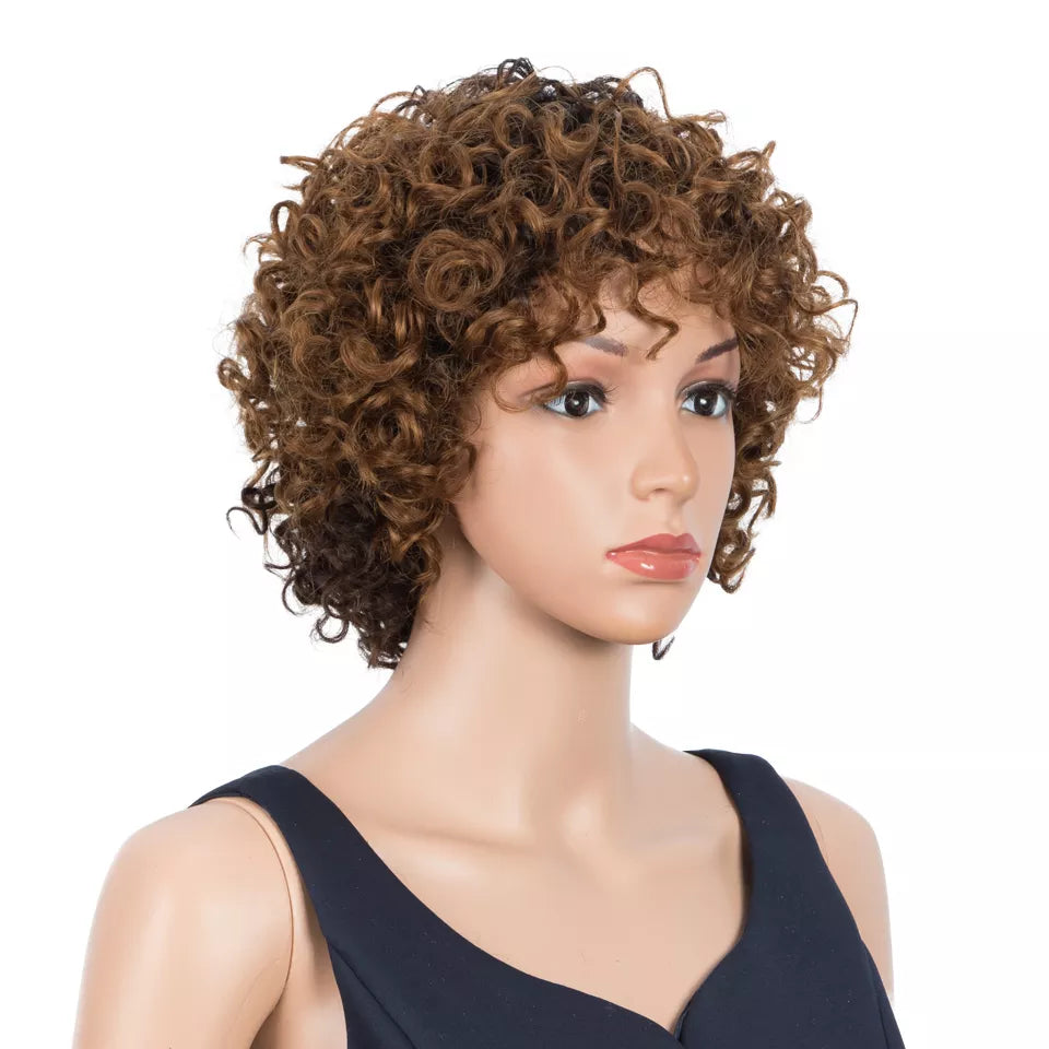 Trueme Short Curly Wig With Bangs Pixie Cut Colored Brazilian Human Hair Wigs For Women Ombre Black Brown Jerry Curl Full Wig