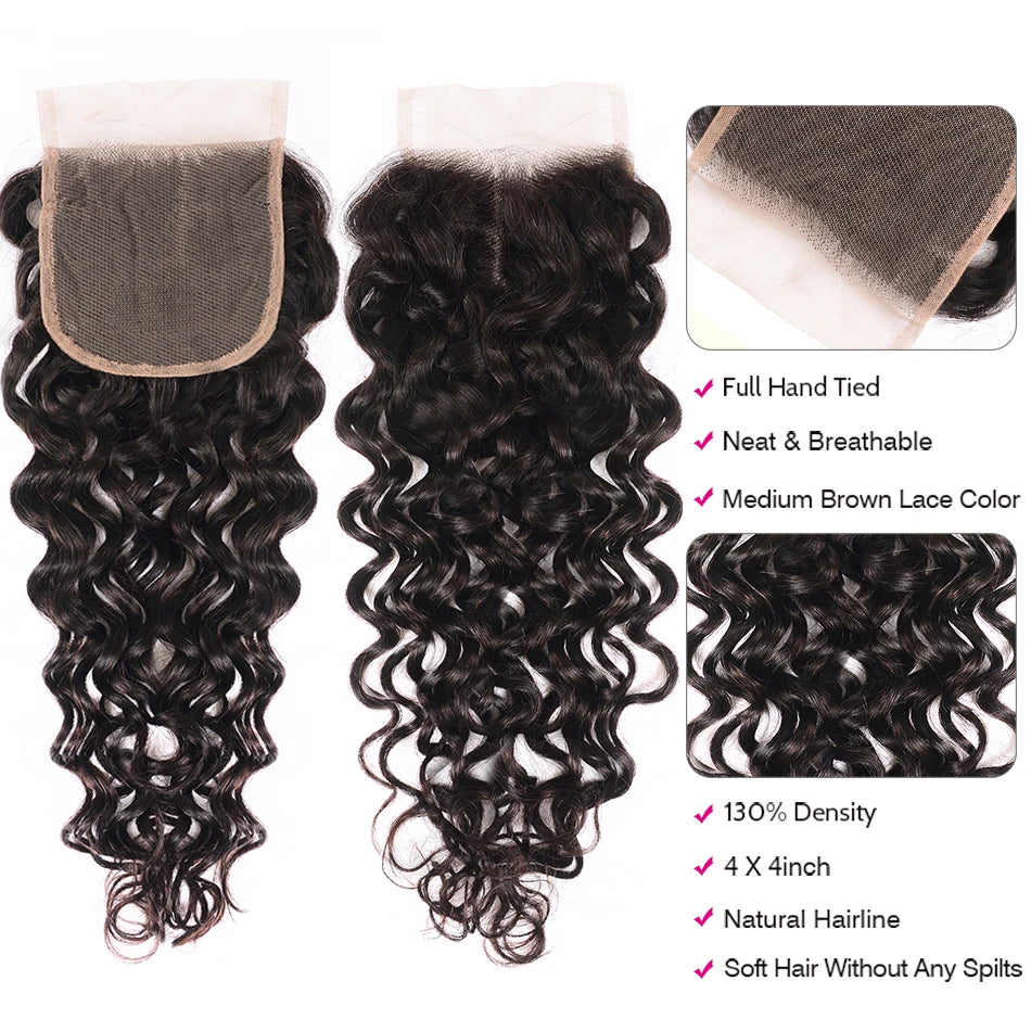 UNICE Hair Brazilian Loose Water Wave Bundles With Lace Closure Human Remy Hair Extensions 3 Bundles With Lace Closure