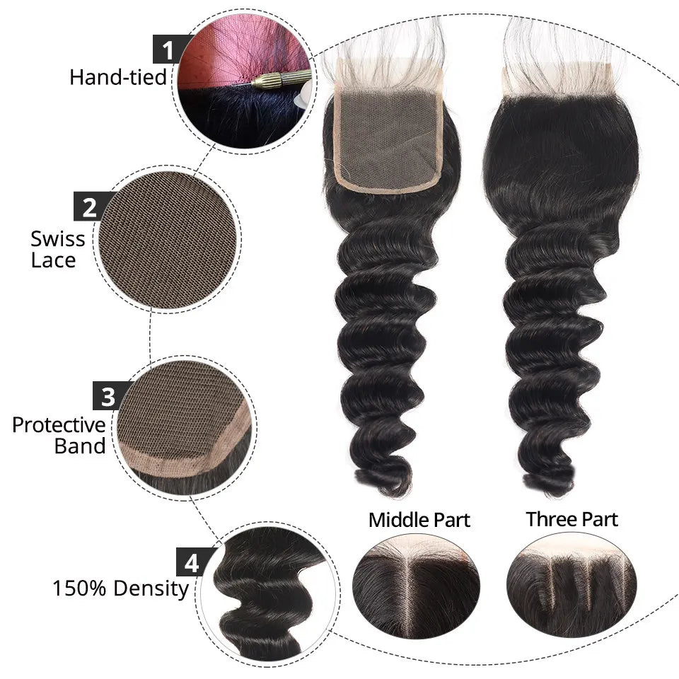 Loose Deep Bundles With 4x4 Closure Free Part Pre Plucked Peruvian Human Hair Bundles With Closure Remy AliPearl Hair Extension