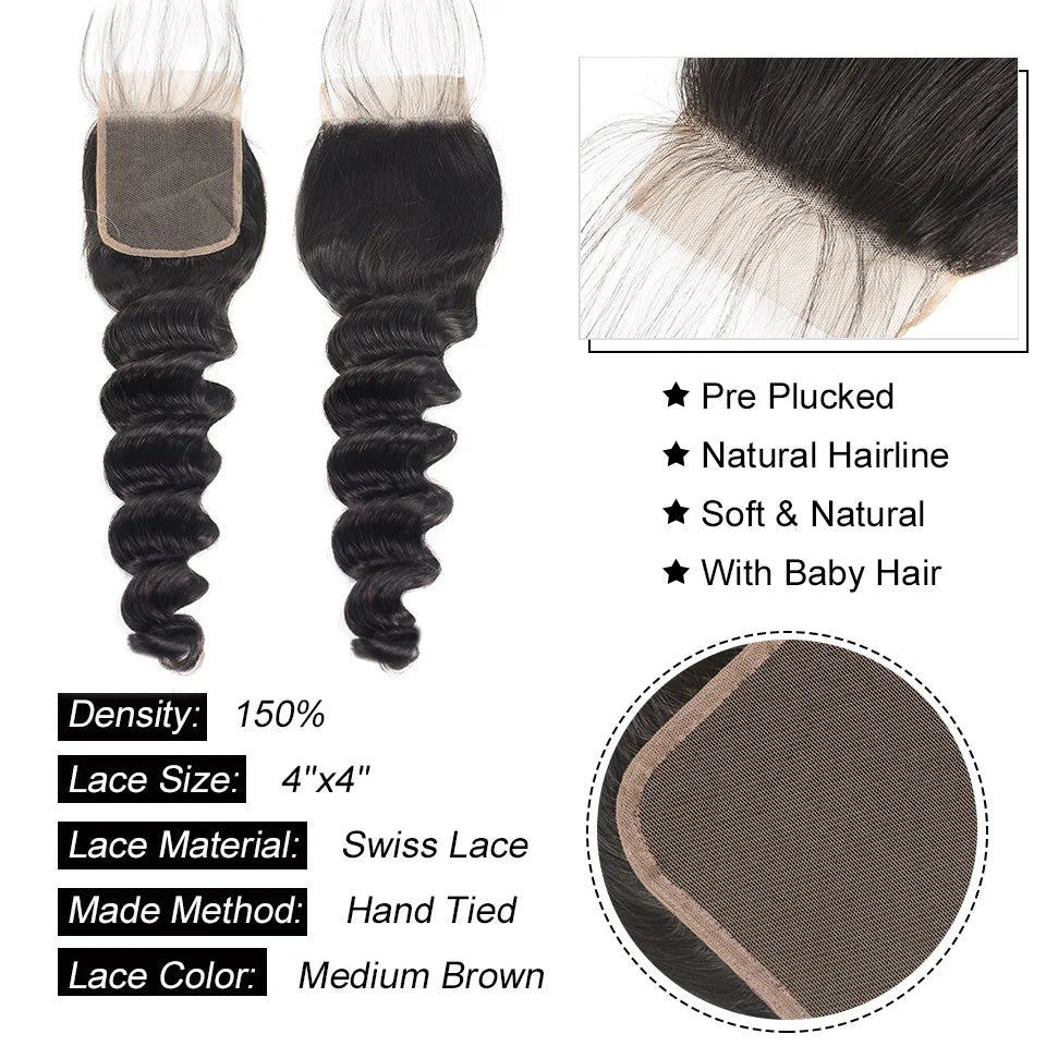 Loose Deep Bundles With 4x4 Closure Free Part Pre Plucked Peruvian Human Hair Bundles With Closure Remy AliPearl Hair Extension