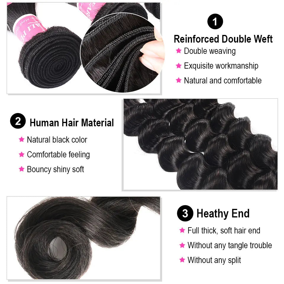 Loose Deep Bundles With 4x4 Closure Free Part Pre Plucked Peruvian Human Hair Bundles With Closure Remy AliPearl Hair Extension