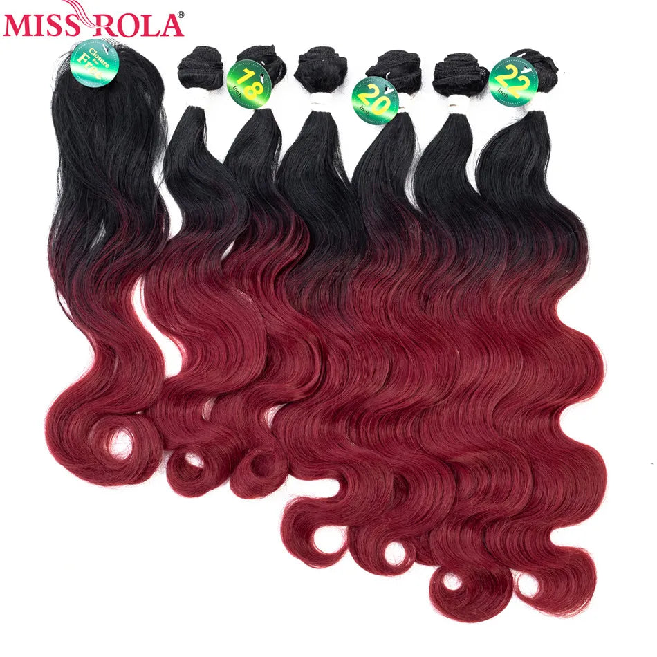 Miss Rola Ombre Hair Bundles Synthetic Hair Extensions Body Wave Bundles T1B-BUG 6pcs 18-22'' Hair Weaves With Free Closure