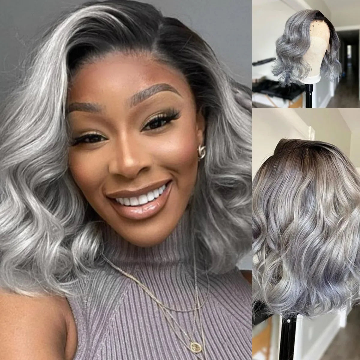 Hd Ash Grey Colored Blonde Ombre Short Bob Natural Wave 13x4 Lace Front Human Hair Wigs Dark Roots Side Parting Baby Hair 180%