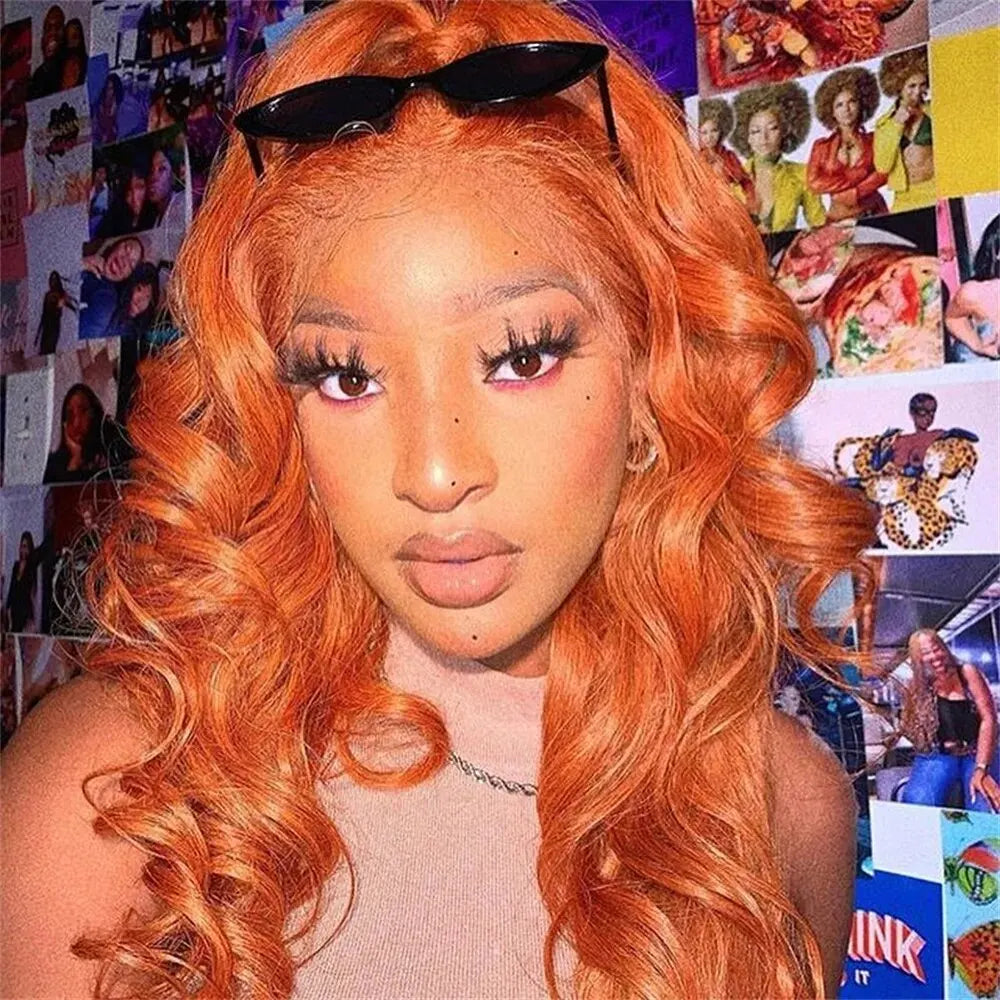 Hd 180 Density Body Wave Ginger Orange Huamn Hair Wigs 32 Inch Glueless Transparent 13X4 Lace Frontal Wigs For Women Pre Plucked