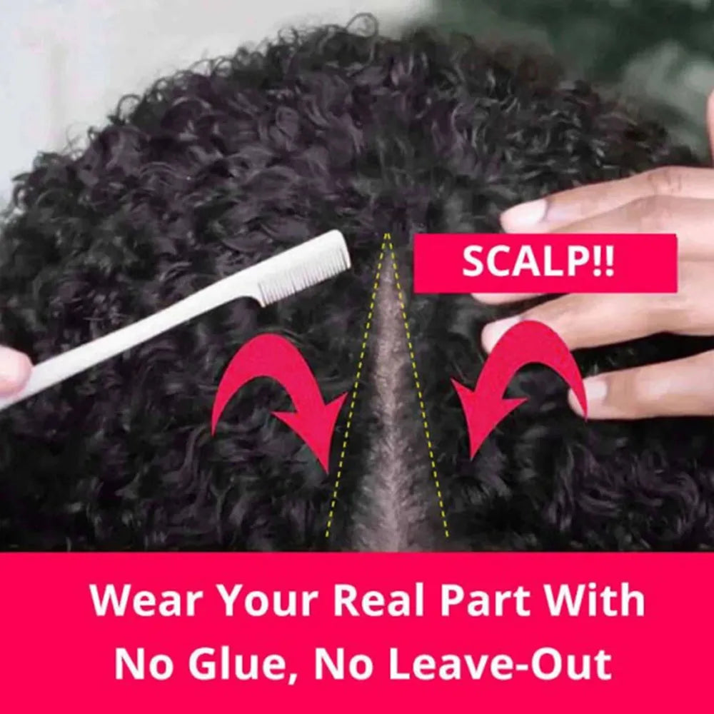 Kinky Curly V Part Human Hair Wig No Leave Out No Glue Deep Wave Wig 180 Density Brazilian V U Part Human Hair Wig for Women