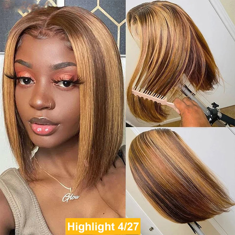 Bone Straight Bob Wig HD Transparent Lace Front Wig Short Bob Lace Frontal Human Hair Wigs For Women Highlight Human Hair Wig