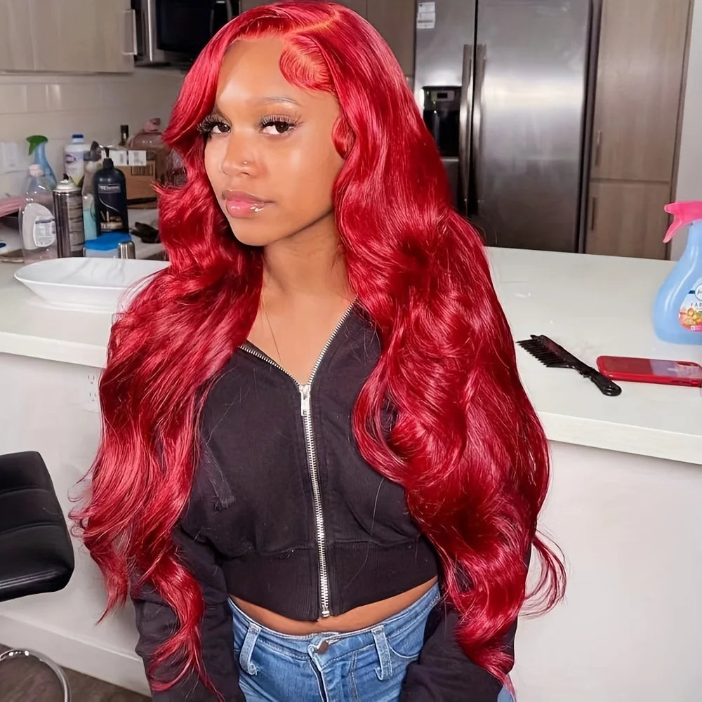 Colored Hot Red Body Wave Human Hair Wigs 13X4 Burgundy 99j Lace Front Wig For Women 180 Density Pre-Plucked Remy Lace Front Wig