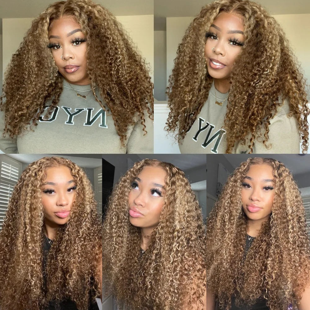 UNice First Ever Glueless 13x4 Frontal Wig Brown Blonde Highlight Curly Human Hair Lace Front Wig PreCut Lace Bleached Knots Wig
