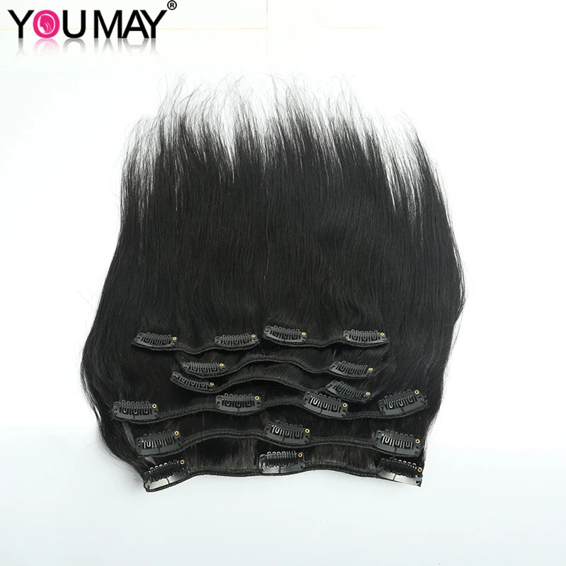 Clip In Human Hair Extensions Light Yaki Straight Hair Bundles Brazilian RemyYaki Coarse Kinky Clip Ins For Black Women Youmay