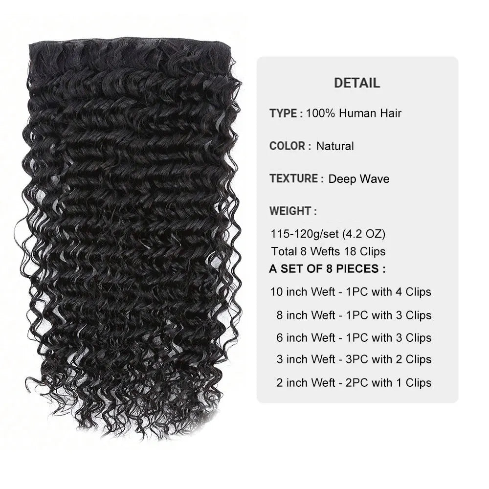 Deep Wave Clip in Hair Extension Human Hair Newmi Curly Human Hair Clip in Hair Extensions for Women 8pcs 120g/set Clip ins