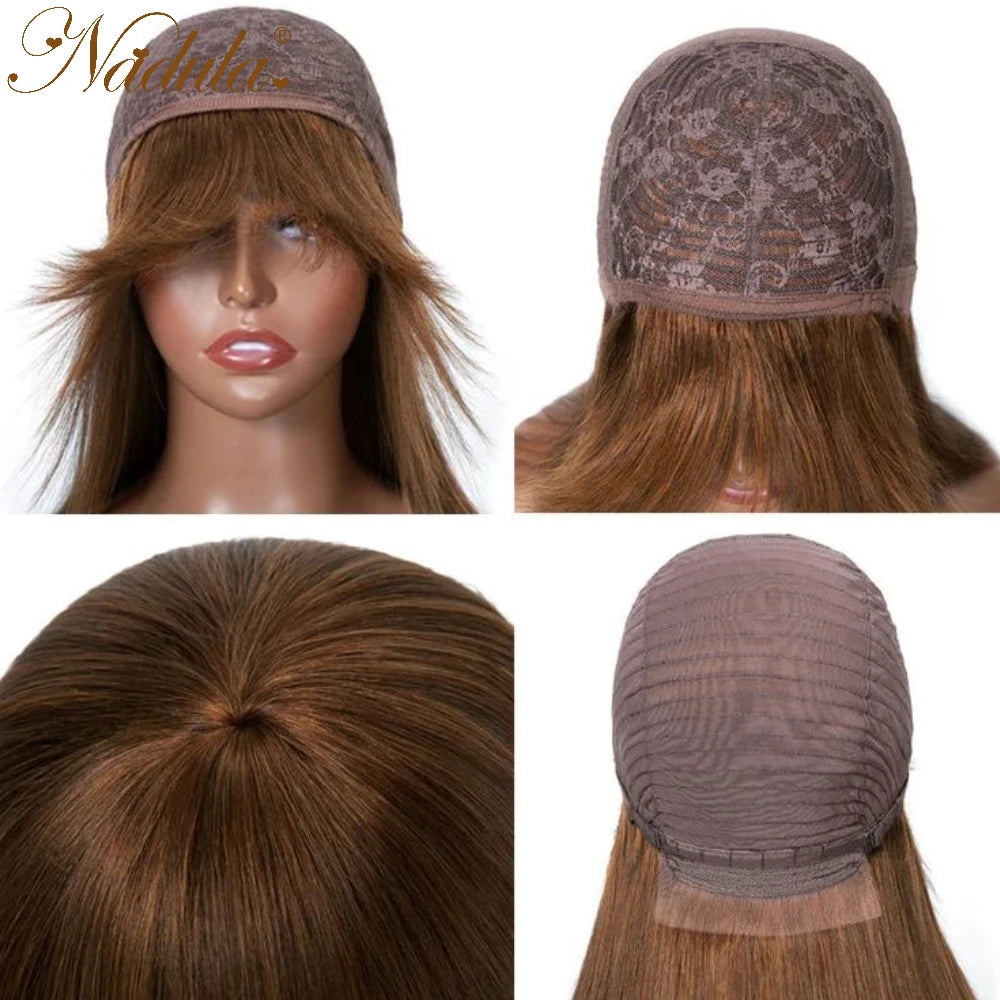 Nadula Hair Chocolate Brown Color Straight With Bangs Classic Cap Layer Cut Wigs 100% Human Hair Wigs Machine Made For Women