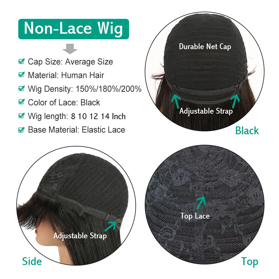 Sexay Scalp Bang Human Hair Wig Raw Indian Straight Human Hair Fringe Wigs Fake Scalp 8-24 Inch 200 Density Human Wigs For Women
