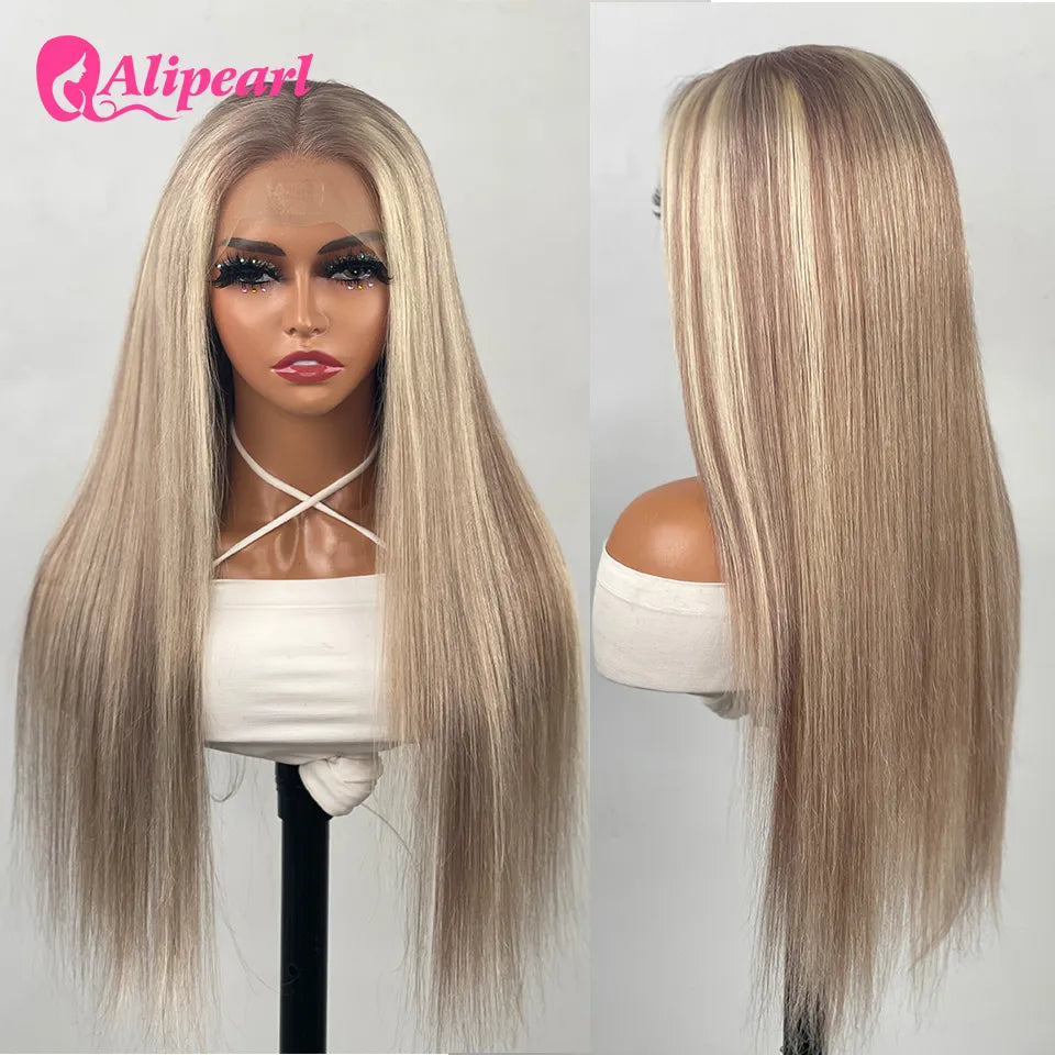 AliPearl Blonde Highlight P18/613 Lace Front Wig Human Hair Straight 13x4 Transparent Lace Front Wig Peruvian 5x5 Closure Wig
