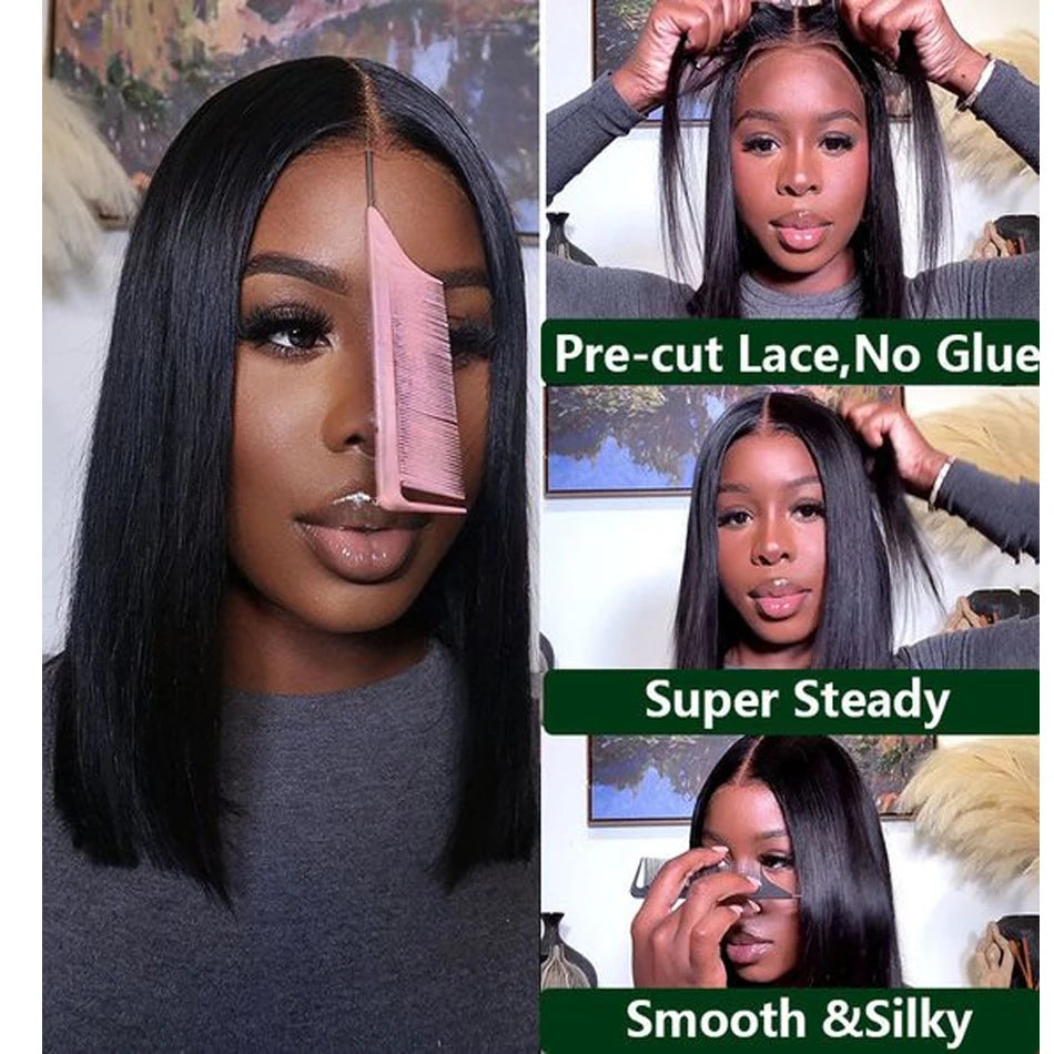 Glueless 13X4 Short Straight Bob Wig Ready To Wear Human Hair Lace Frontal Wigs For Women PrePlucked Wear And Go Brazilian Hair