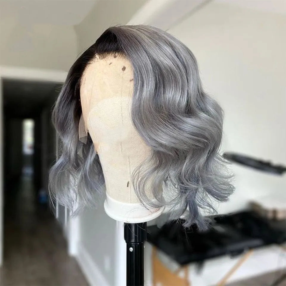 Hd Ash Grey Colored Blonde Ombre Short Bob Natural Wave 13x4 Lace Front Human Hair Wigs Dark Roots Side Parting Baby Hair 180%