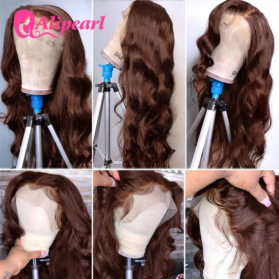 Dark Brown Body Wave Lace Closure Wig Human Hair Brazilian 5x5 Transparent Lace Wig For Women PrePlucked 180 Density AliPearl