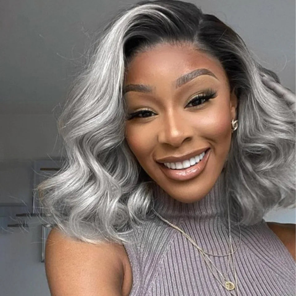Hd Ash Grey Colored Blonde Ombre Short Bob Natural Wave 13x4 Lace Front Human Hair Wigs Dark Roots Side Parting Baby Hair 180%