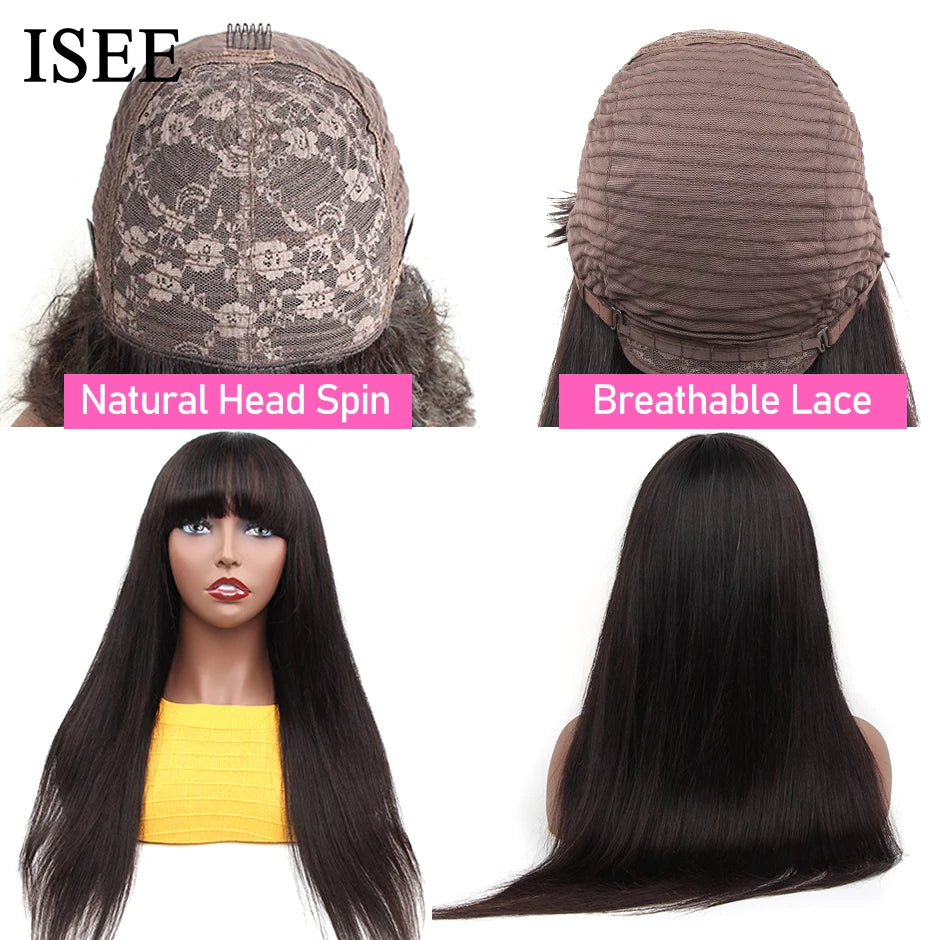 ISEEHAIR Machine Made Sew In Wig Human Hair Straight Wig Malaysian Straight Wig with Bang Natural Color For Women Glueless Wigs