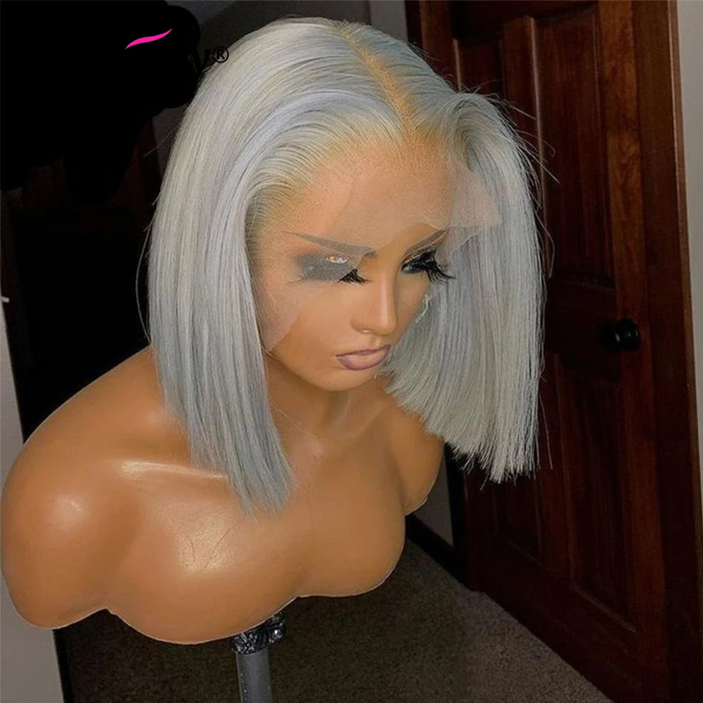 Grey Bob Short Bob Wig Human Hair HD Transparent Lace Front Wig Silver Gray Blonde Wig For Women Guleless Remy Hair Preplucked