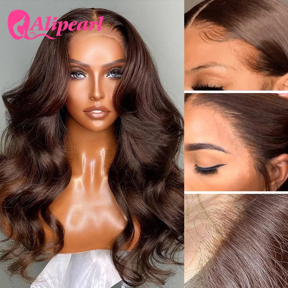 Dark Brown Body Wave Lace Closure Wig Human Hair Brazilian 5x5 Transparent Lace Wig For Women PrePlucked 180 Density AliPearl