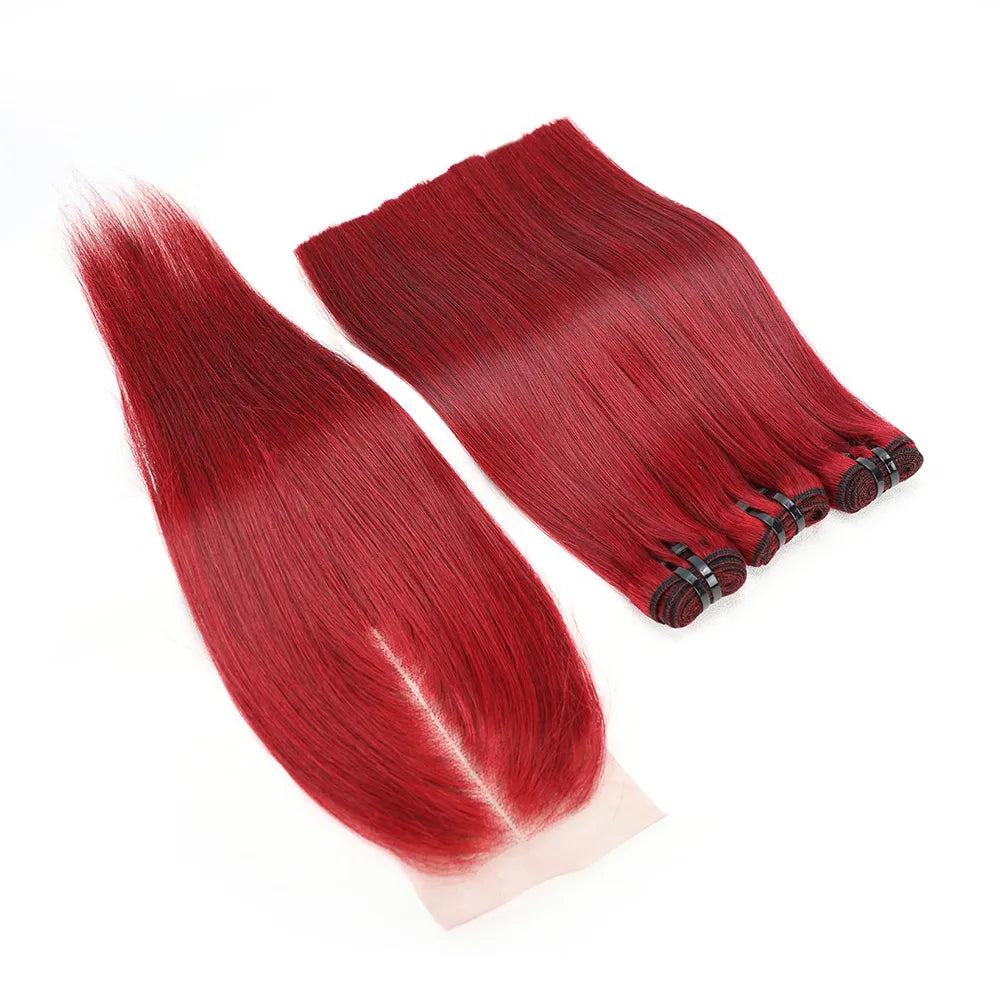 99j Burgundy Bone Straight 3 Bundles with Closure Vietnam Raw Human Hair Extension Ombre Colored Bundles 2x6 Lace Kim K Closure