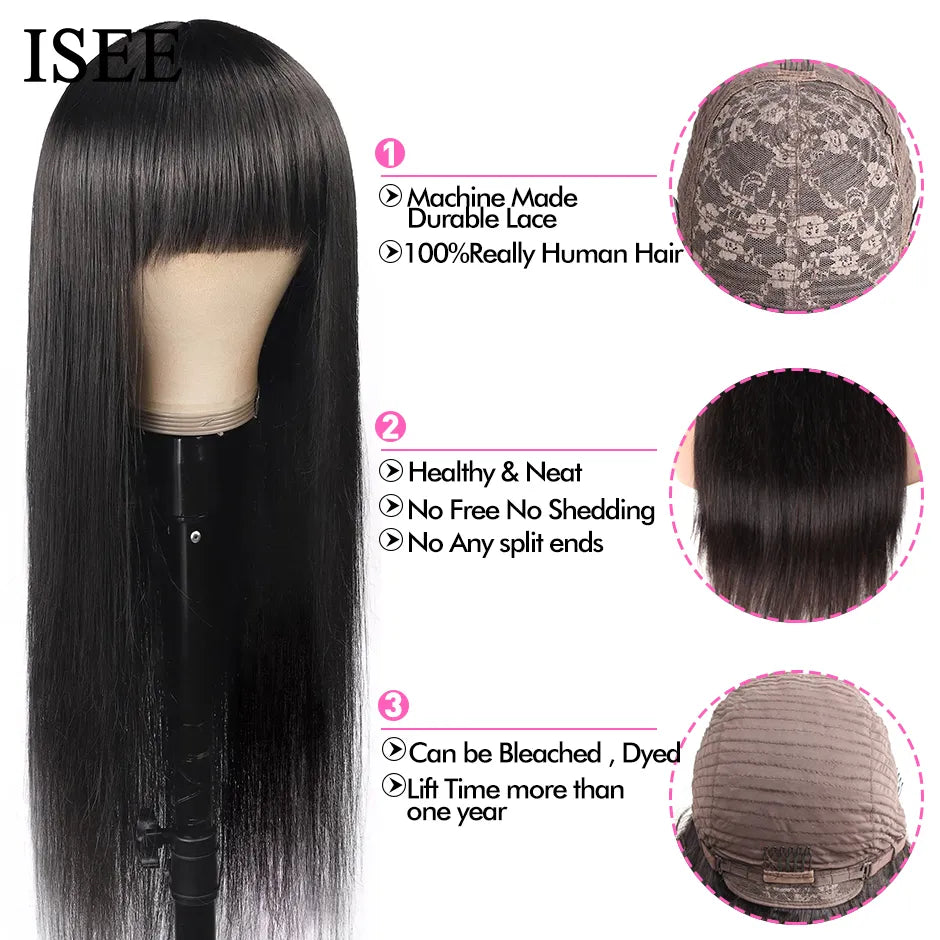 ISEEHAIR Machine Made Sew In Wig Human Hair Straight Wig Malaysian Straight Wig with Bang Natural Color For Women Glueless Wigs