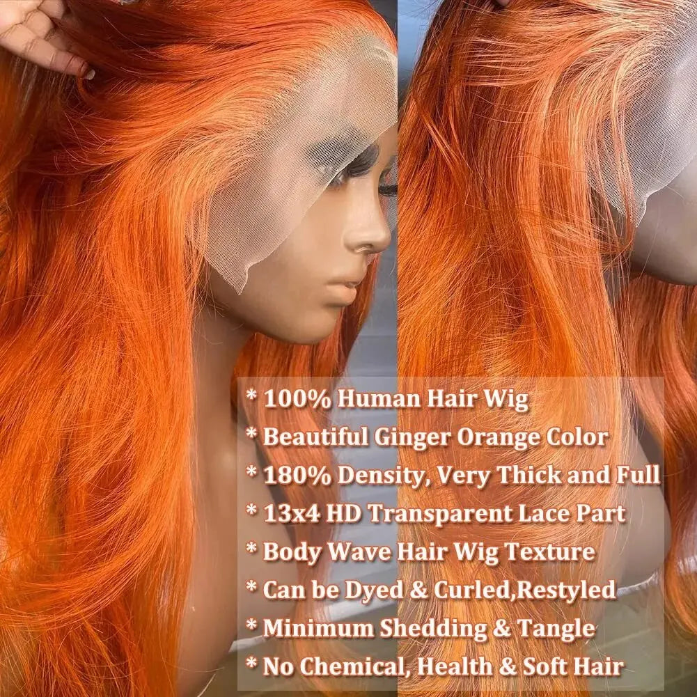 Ginger Orange Hd 13x4 Lace Frontal Wig Human Hair Body Wave 13x4 Brazilian Glueless Wig Human Hair Ready To Wear Pre Preplucked