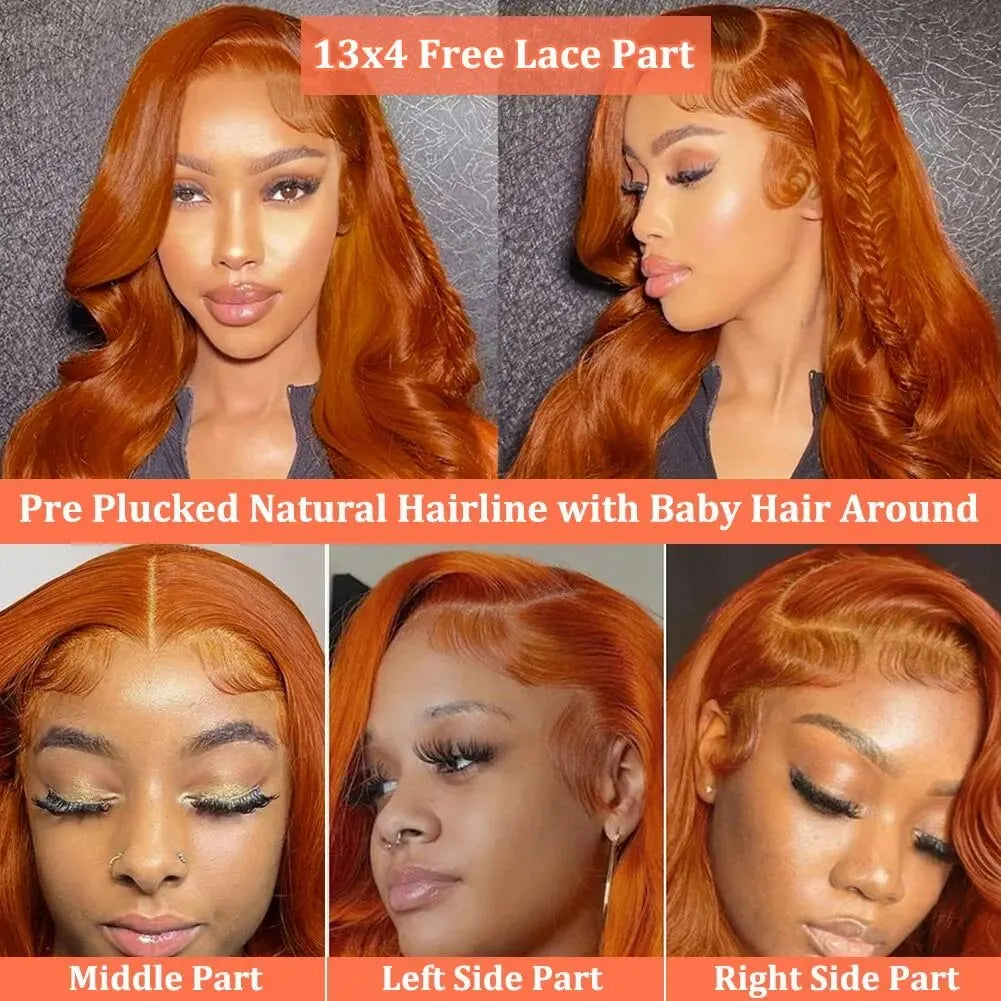 Hd 180 Density Body Wave Ginger Orange Huamn Hair Wigs 32 Inch Glueless Transparent 13X4 Lace Frontal Wigs For Women Pre Plucked