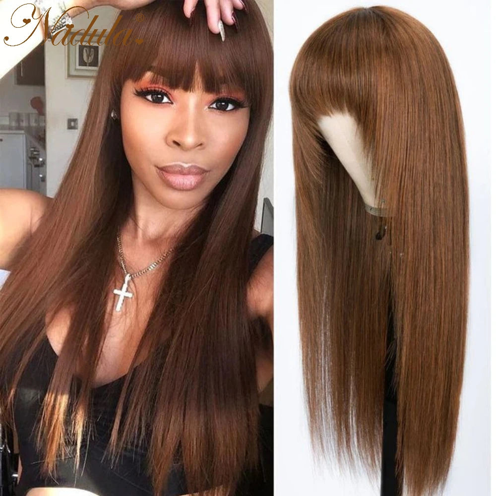 Nadula Hair Chocolate Brown Color Straight With Bangs Classic Cap Layer Cut Wigs 100% Human Hair Wigs Machine Made For Women
