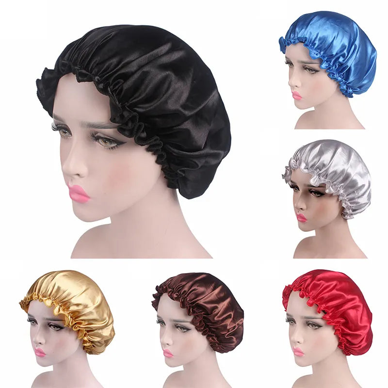 1PC Hair Satin Bonnet For Sleeping Shower Cap Silk Bonnet Head Cover Flower Elastic Band Women Night Sleep Cap for Women