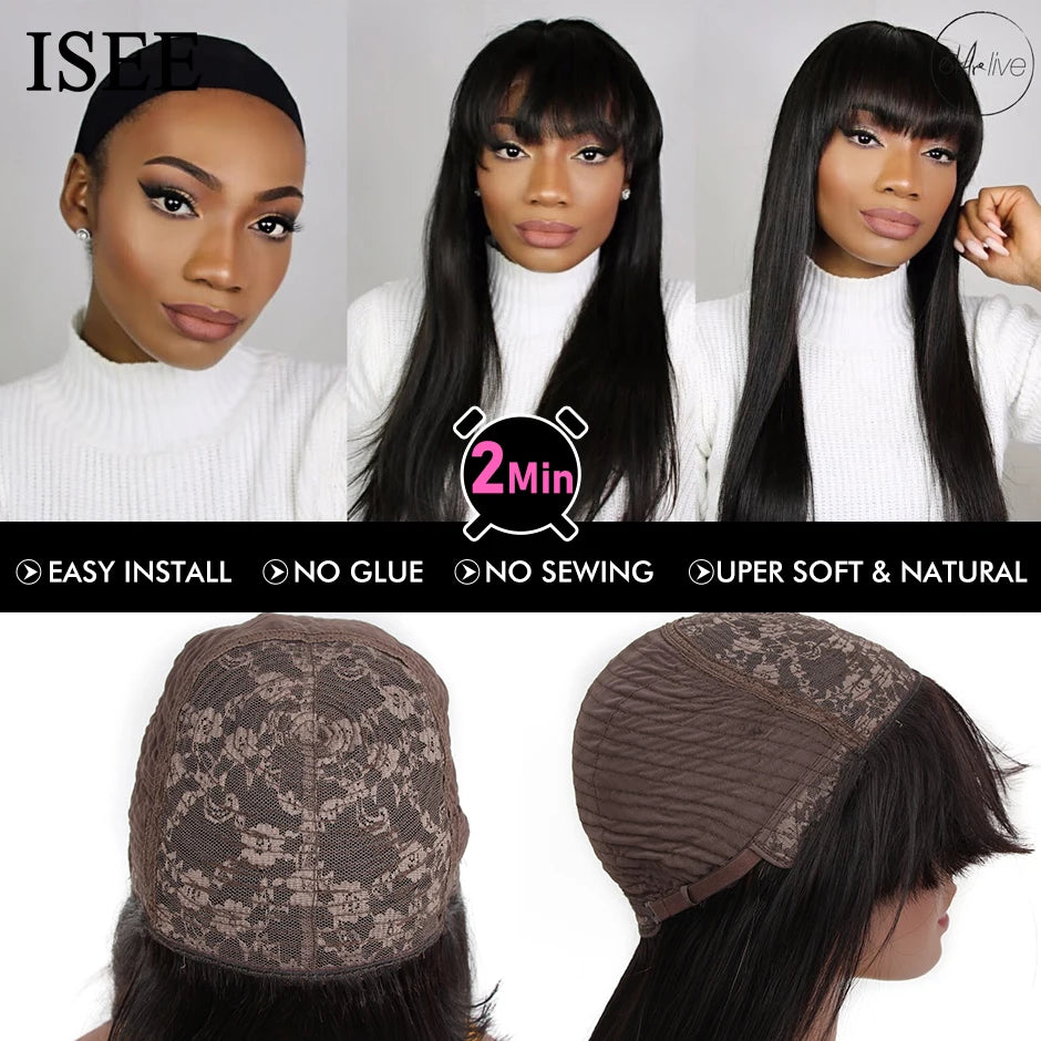 ISEEHAIR Machine Made Sew In Wig Human Hair Straight Wig Malaysian Straight Wig with Bang Natural Color For Women Glueless Wigs