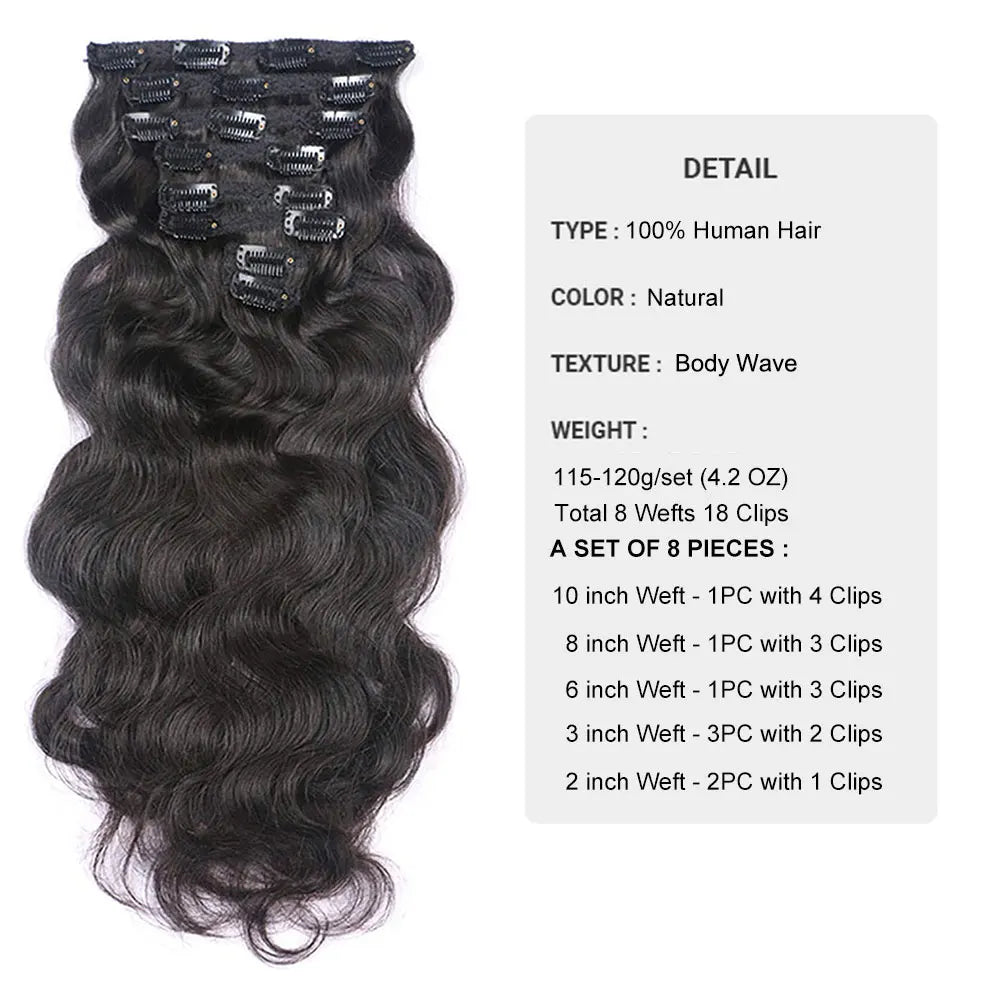 Body Wave Clip in Hair Extension Human Hair Natural Black Wavy Clip in Hair Extensions for Women 8pcs 120g/set Hair Accessories
