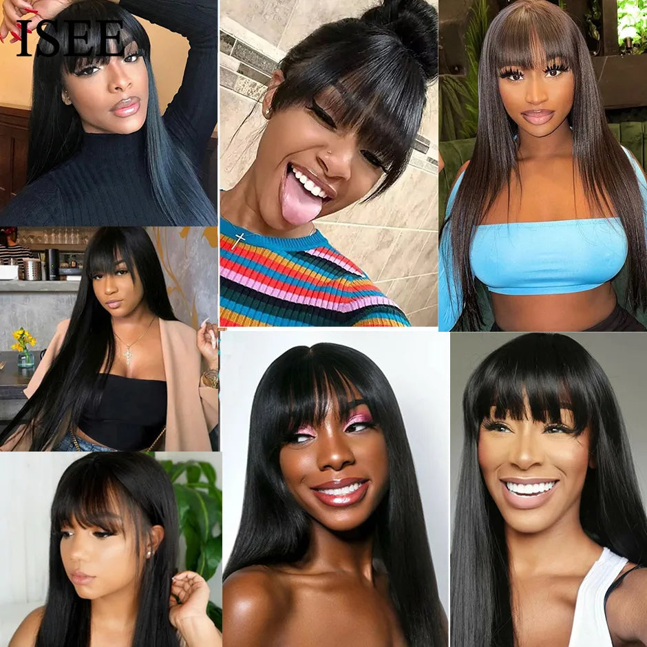 ISEEHAIR Machine Made Sew In Wig Human Hair Straight Wig Malaysian Straight Wig with Bang Natural Color For Women Glueless Wigs