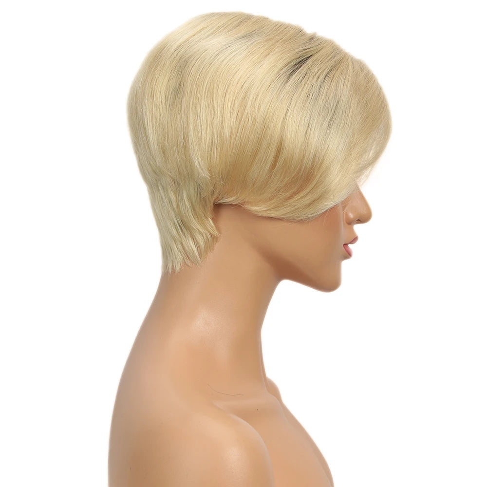 613 Blonde Short Pixie Cut Lace Human Hair Wigs For Women Grey Colored Brazilian Hair Wigs With Black Root Short Woman Lace Wig