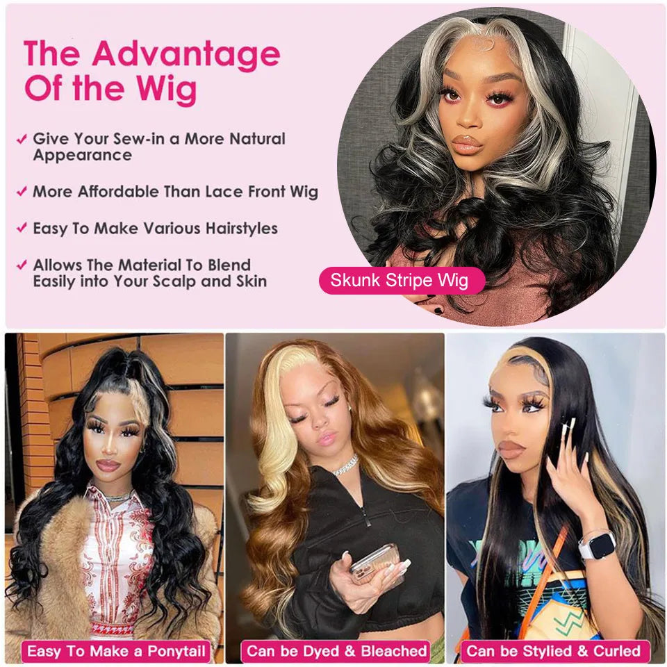 AliPearl Highlight Grey Transparent Lace Human Hair Wigs Skunk Stripe Grey Body Wave 5x5 Lace Closure Wig For Women Pre-Plucked