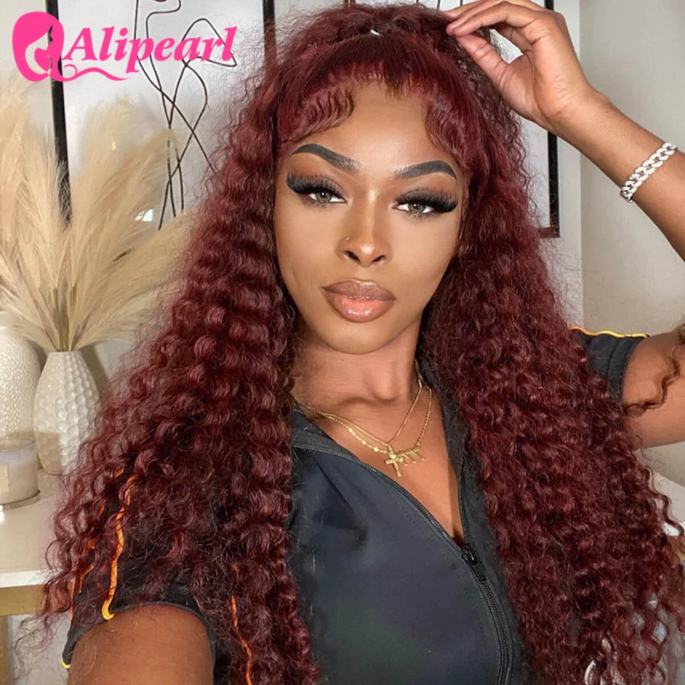 AliPearl Kinky Curly Lace Front Human Hair Wigs Reddish Brown Transparent 13x4 Lace Front Wig PrePlucked for Women Peruvian Wig