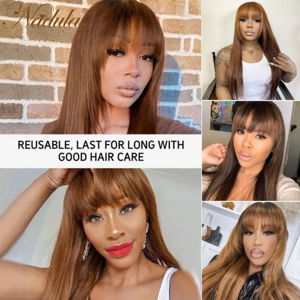 Nadula Hair Chocolate Brown Color Straight With Bangs Classic Cap Layer Cut Wigs 100% Human Hair Wigs Machine Made For Women