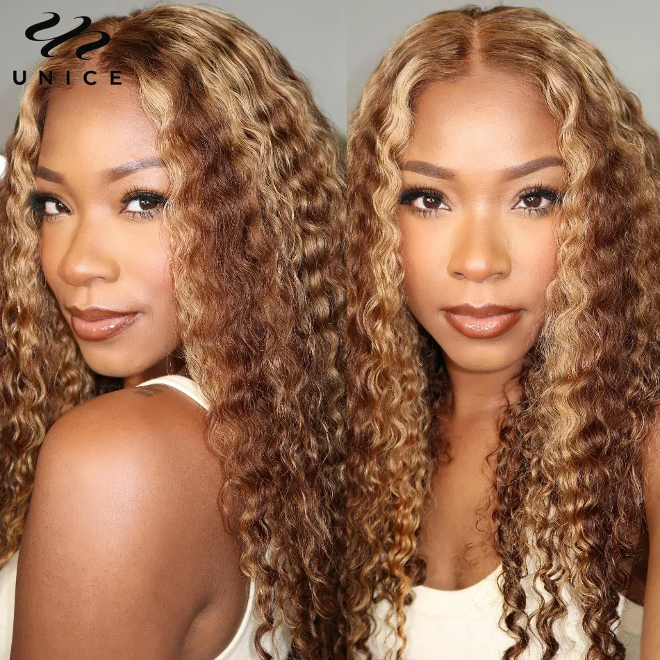 UNice First Ever Glueless 13x4 Frontal Wig Brown Blonde Highlight Curly Human Hair Lace Front Wig PreCut Lace Bleached Knots Wig