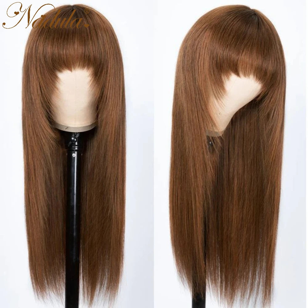 Nadula Hair Chocolate Brown Color Straight With Bangs Classic Cap Layer Cut Wigs 100% Human Hair Wigs Machine Made For Women