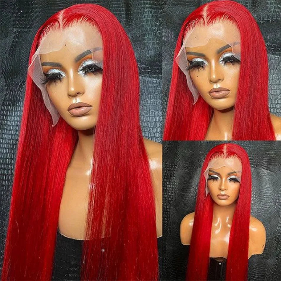Red Straight Lace Front Human Hair Wigs Burgundy Red 99J Colored 13X4 Lace Frontal Wig Remy Human Hair Pre Plucked For Women180%