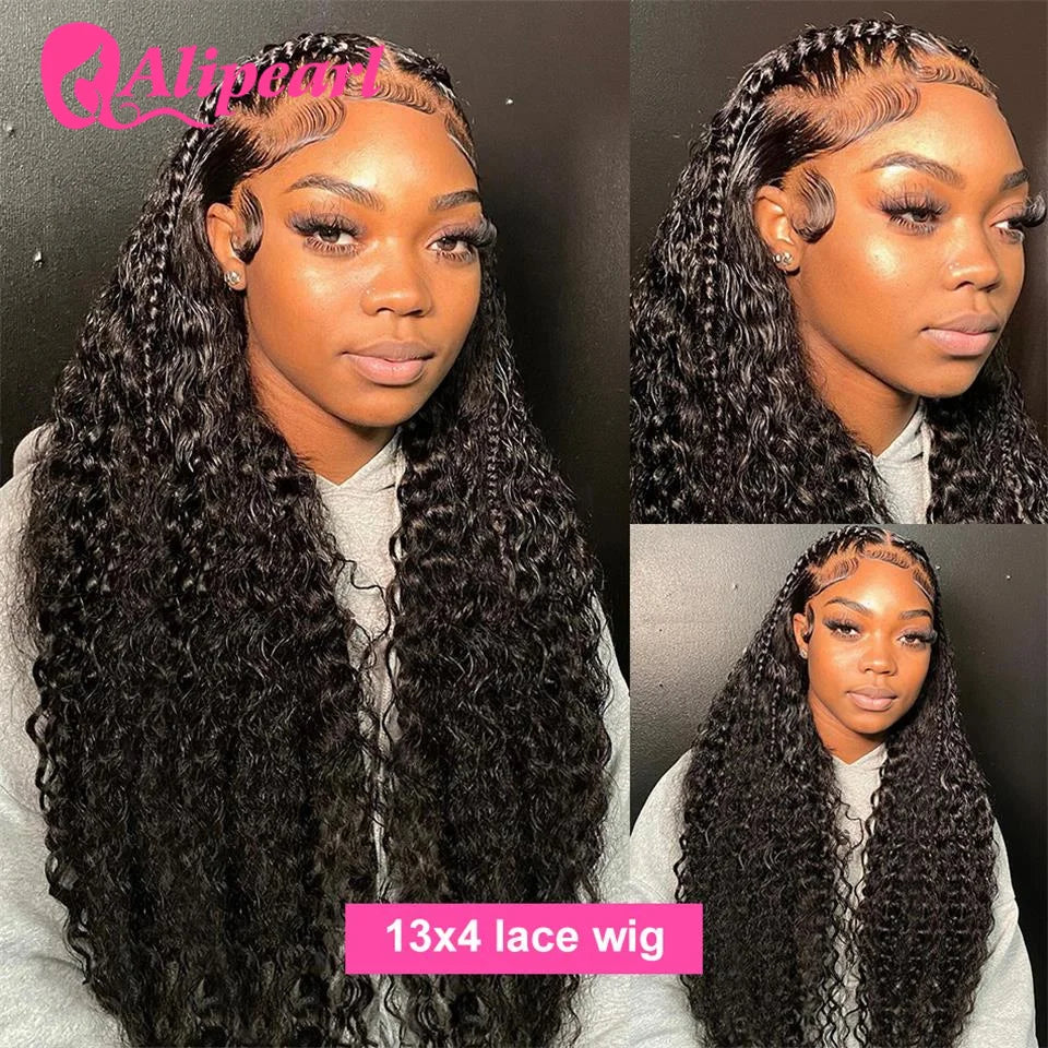 AliPearl 30Inch Lace Front Human Hair Wigs Brazilian Kinky Curly 13x4 Wig For Women Pre Plucked Water Wave Lace Wig 180% Density