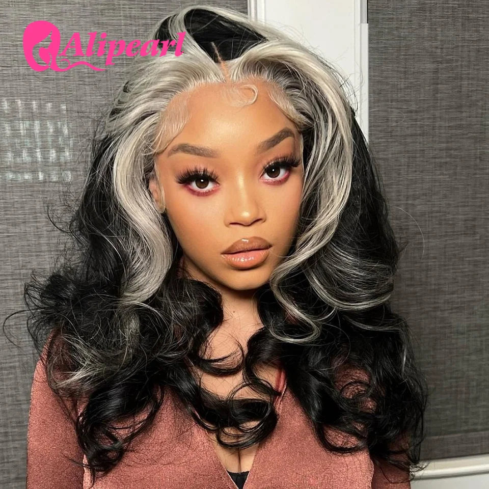AliPearl Highlight Grey Transparent Lace Human Hair Wigs Skunk Stripe Grey Body Wave 5x5 Lace Closure Wig For Women Pre-Plucked