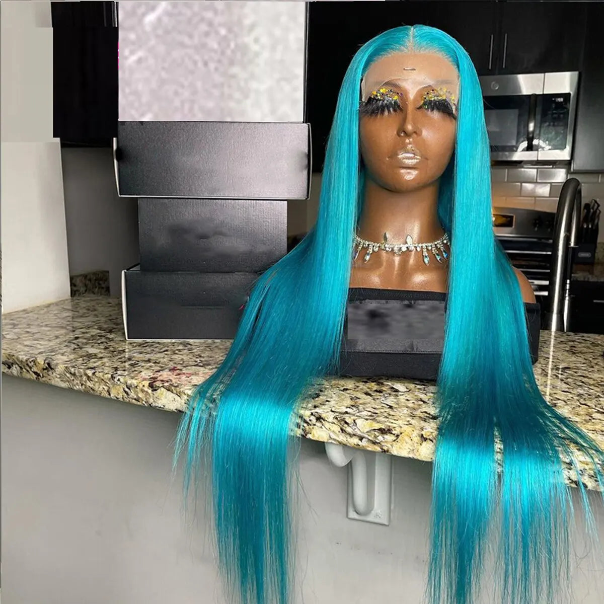 13x4 Deep Lace Front Wig Soft Glueless Natural Sky Blue Color 26" Long Silky Straight For Women Baby Hair 180%Density Preplucked