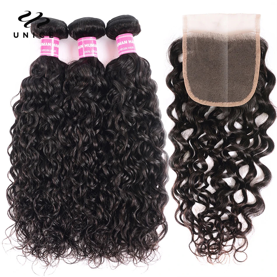 UNICE Hair Brazilian Loose Water Wave Bundles With Lace Closure Human Remy Hair Extensions 3 Bundles With Lace Closure