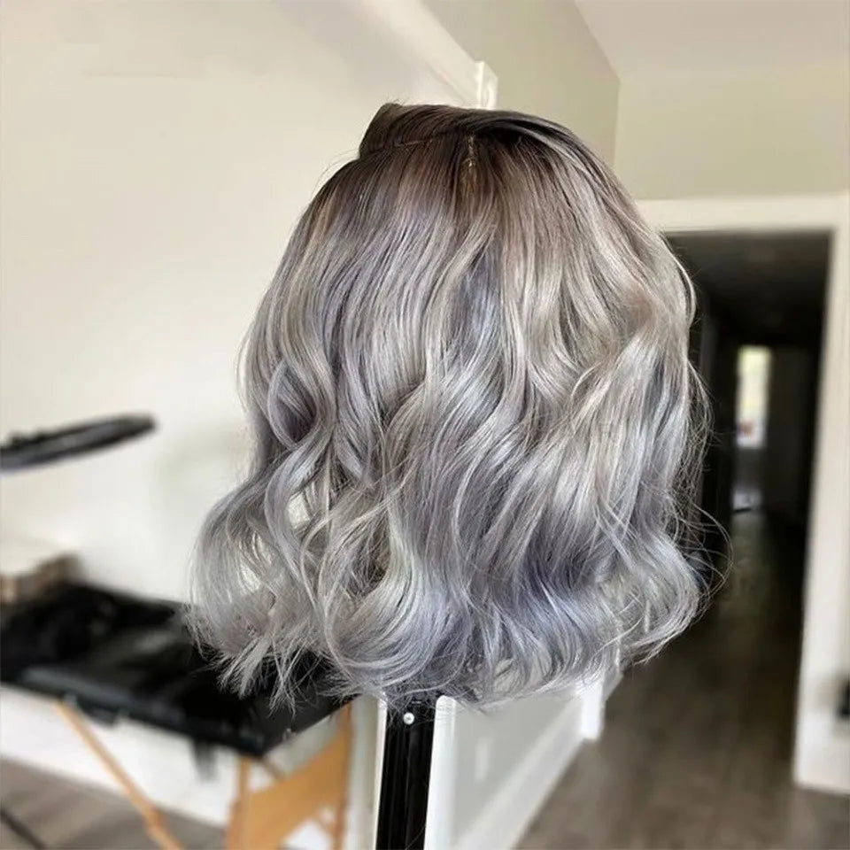 Hd Ash Grey Colored Blonde Ombre Short Bob Natural Wave 13x4 Lace Front Human Hair Wigs Dark Roots Side Parting Baby Hair 180%