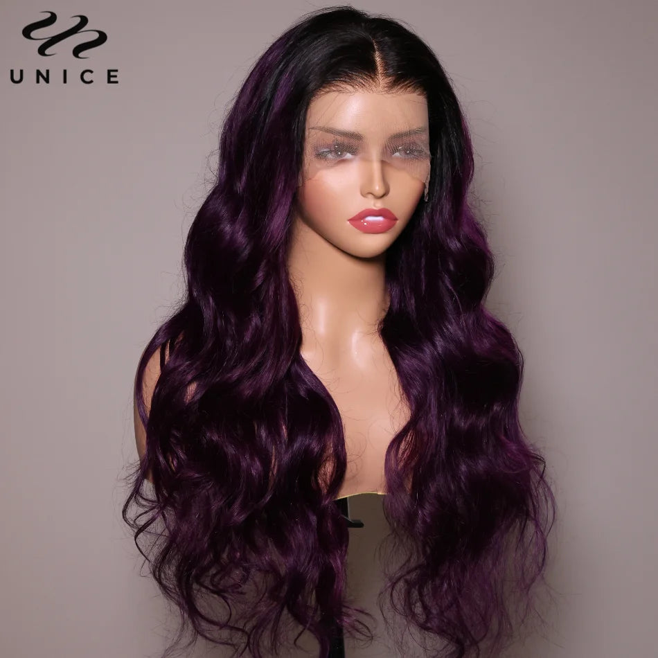 UNice Smokey Deep Purple Ombre 13x4 Lace Front Body Wave Wig 180% Density Human Hair Wig A Rich Purple Hair Look