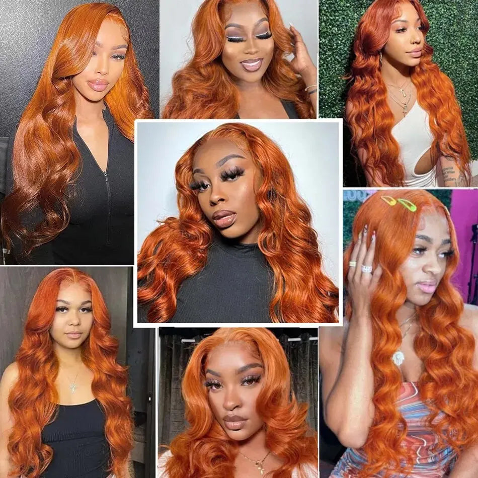 Hd 180 Density Body Wave Ginger Orange Huamn Hair Wigs 32 Inch Glueless Transparent 13X4 Lace Frontal Wigs For Women Pre Plucked