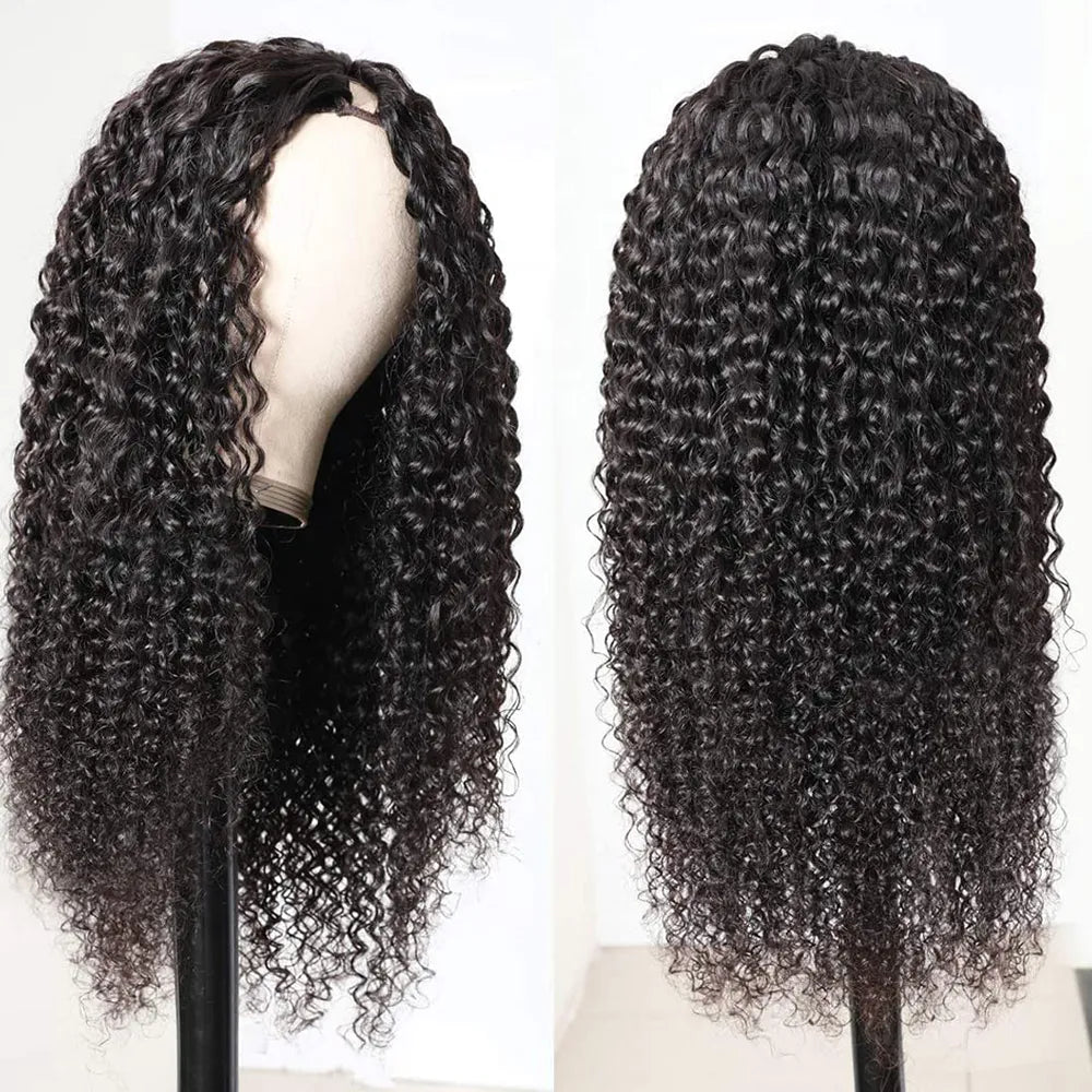 Kinky Curly V Part Human Hair Wig No Leave Out No Glue Deep Wave Wig 180 Density Brazilian V U Part Human Hair Wig for Women