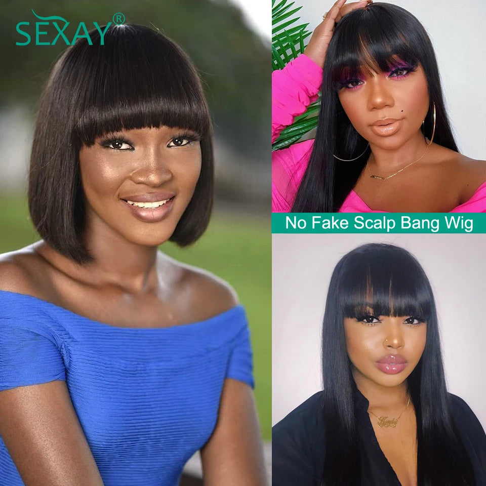 Sexay Scalp Bang Human Hair Wig Raw Indian Straight Human Hair Fringe Wigs Fake Scalp 8-24 Inch 200 Density Human Wigs For Women